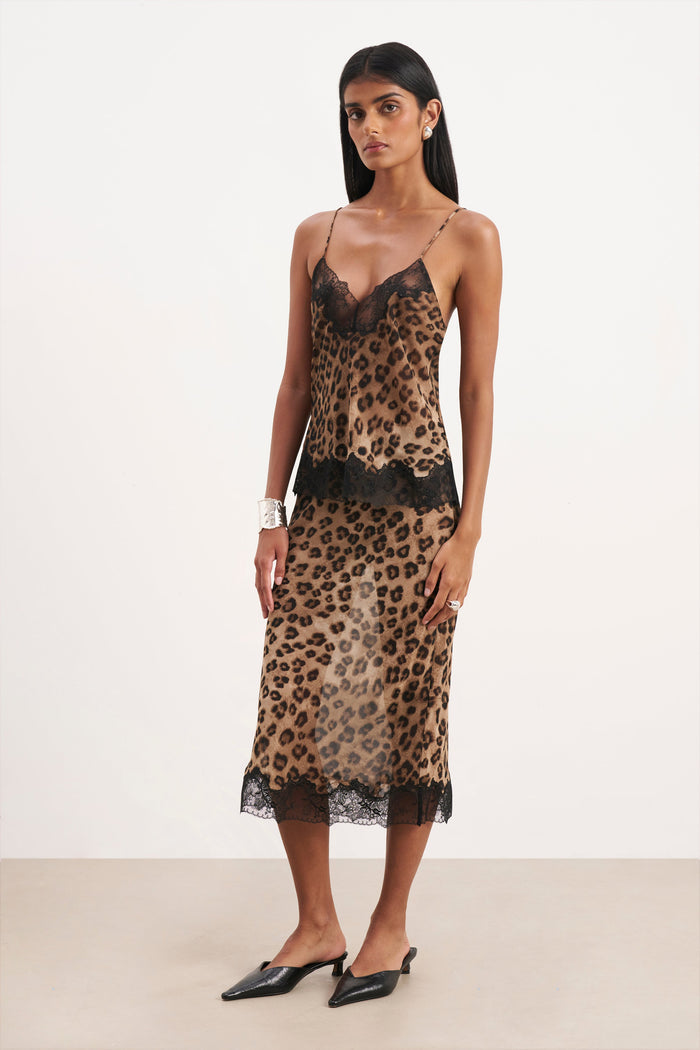 Chiffon Lace Detail Midi Skirt - Leopard Print