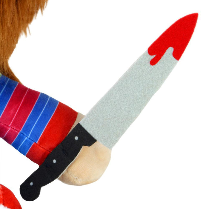 16-inch Chucky HugMe plush toy featuring soft fabric, detailed stitching, and a vibrating function, perfect for fans of horror collectibles.