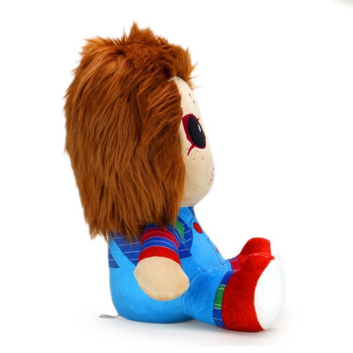 Chucky HugMe Vibrating 16-inch plush toy featuring Chucky's face with soft, detailed fabric and plush texture.