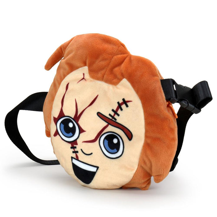 Chucky plush wearable Phunny Pack with strap, soft stuffed toy featuring Chucky's face and detailed costume, ideal for fans.