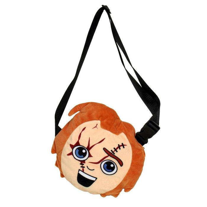 Chucky plush wearable Phunny pack with strap, soft stuffed toy featuring Chucky's face and detailed costume design.