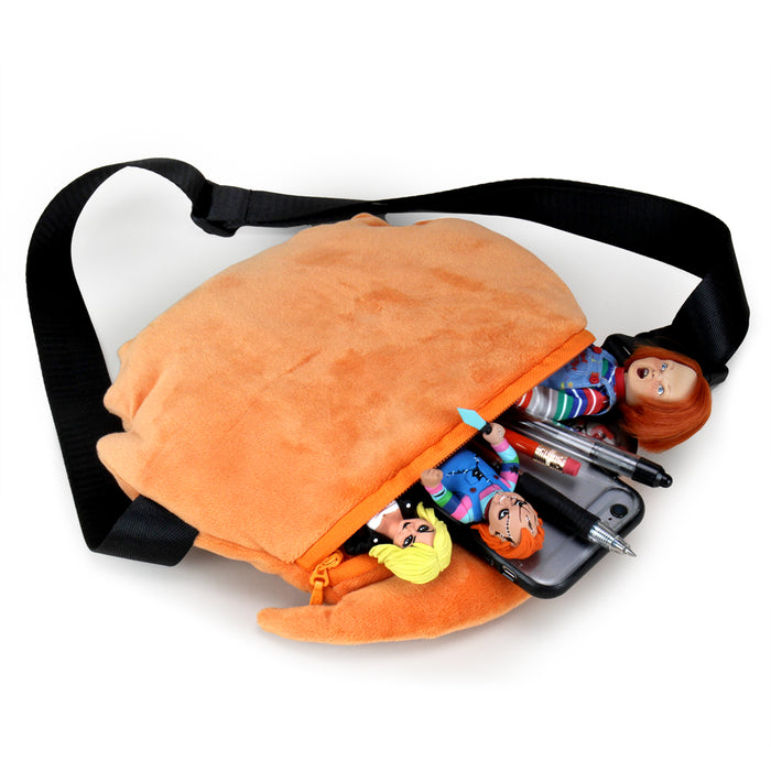 Chucky plush wearable Phunny pack with strap, soft stuffed toy featuring Chucky's face and details, suitable for fans and collectors.