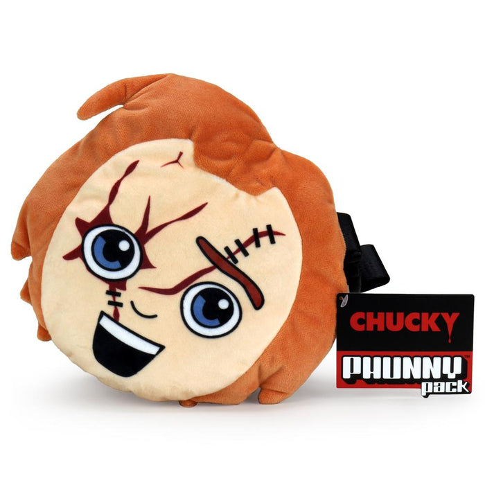 Chucky plush wearable Phunny pack with strap, soft stuffed toy featuring Chucky's face and details, perfect for display or cuddling.