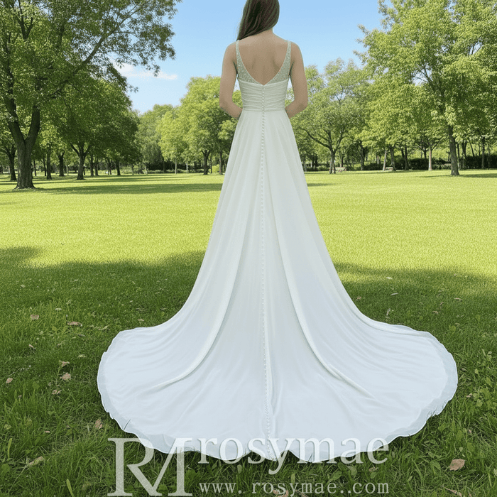 Classic A-line Vneck Chiffon Wedding Dress with Wide Strap - Rosymae