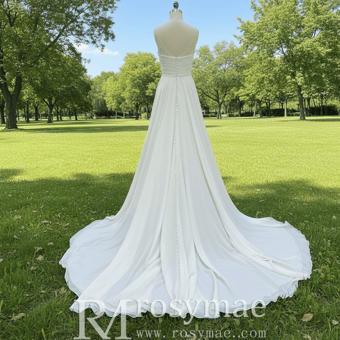 Classic A-line Vneck Chiffon Wedding Dress with Wide Strap - Rosymae