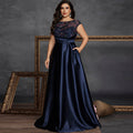 Classic Capped Sleeve Plus Size Scoop Neck A-line Prom Dress with Pocket - Rosymae
