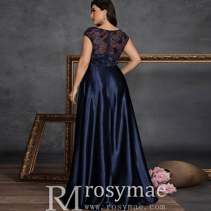 Classic Capped Sleeve Plus Size Scoop Neck A-line Prom Dress with Pocket - Rosymae