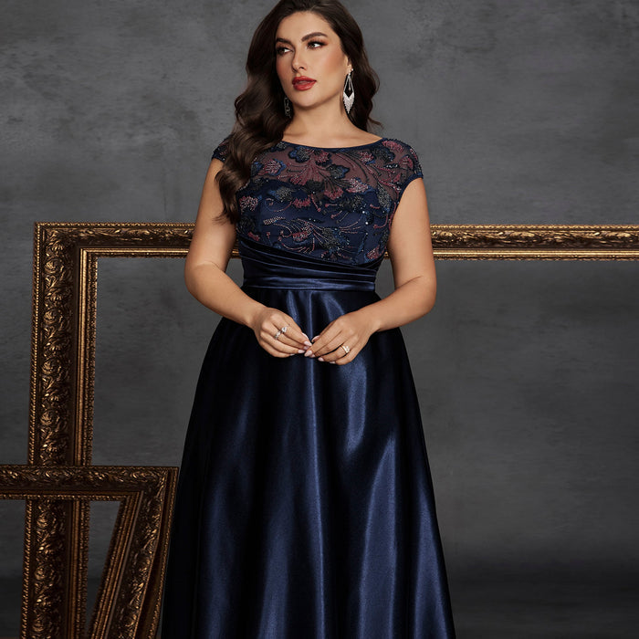 Classic Capped Sleeve Plus Size Scoop Neck A-line Prom Dress with Pocket - Rosymae