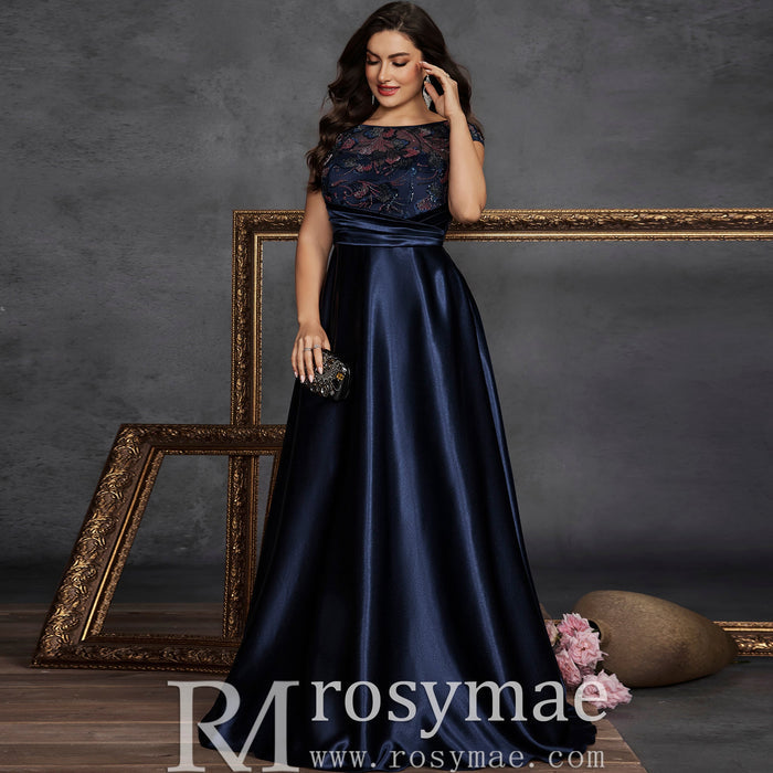 Classic Capped Sleeve Plus Size Scoop Neck A-line Prom Dress with Pocket - Rosymae