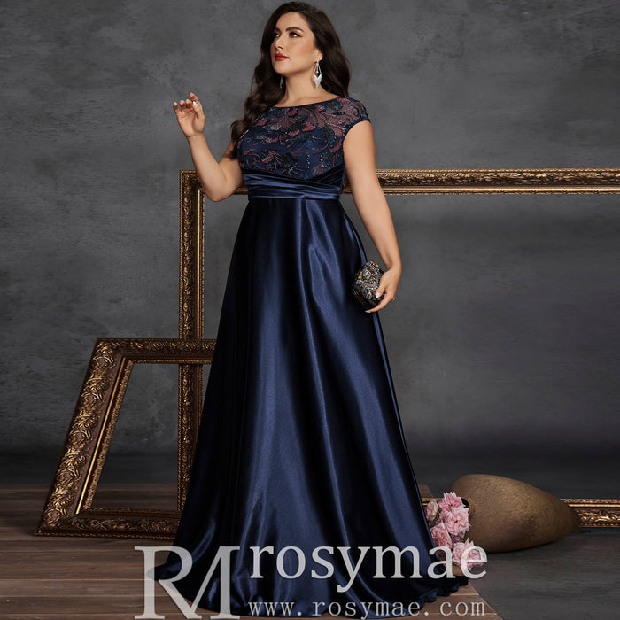 Classic Capped Sleeve Plus Size Scoop Neck A-line Prom Dress with Pocket - Rosymae