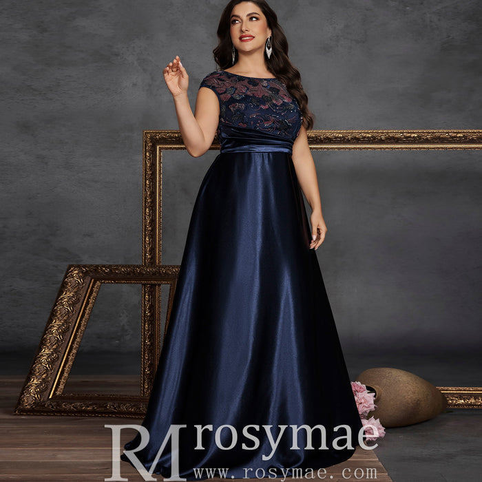 Classic Capped Sleeve Plus Size Scoop Neck A-line Prom Dress with Pocket - Rosymae