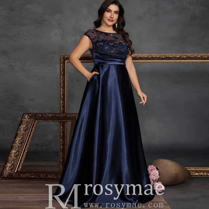 Classic Capped Sleeve Plus Size Scoop Neck A-line Prom Dress with Pocket - Rosymae