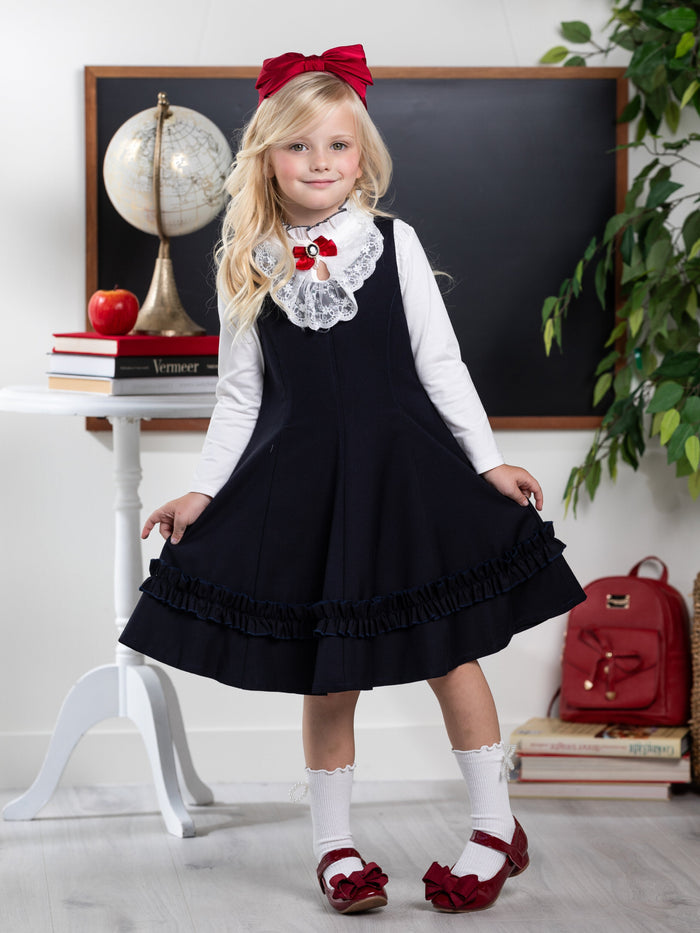 Classic Elegance Ruffle Front Navy Dress by Kids Couture Mia Belle Girls