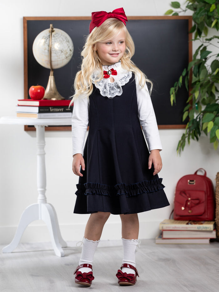 Classic Elegance Ruffle Front Navy Dress by Kids Couture Mia Belle Girls