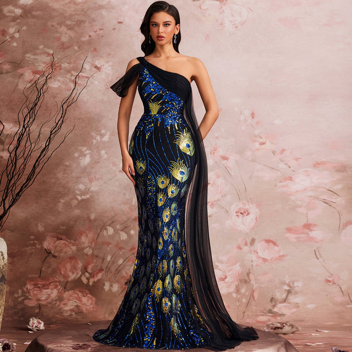 Classic One-shoulder Sequin Party Dress with Peacock Pattern design - Rosymae