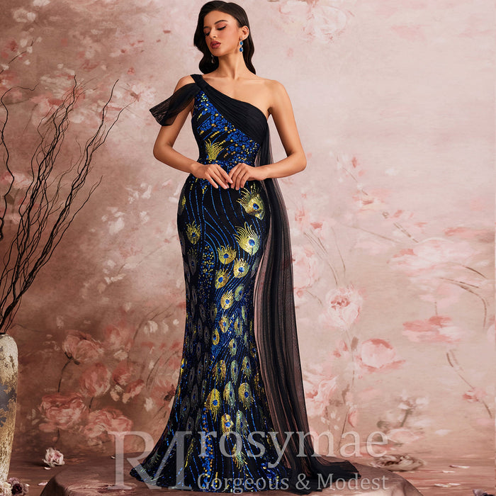 Classic One-shoulder Sequin Party Dress with Peacock Pattern design - Rosymae