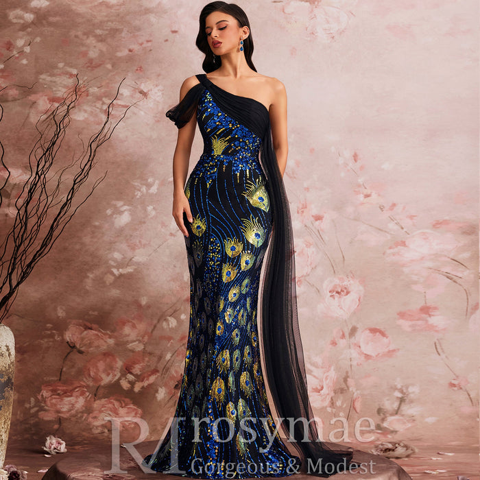 Classic One-shoulder Sequin Party Dress with Peacock Pattern design - Rosymae