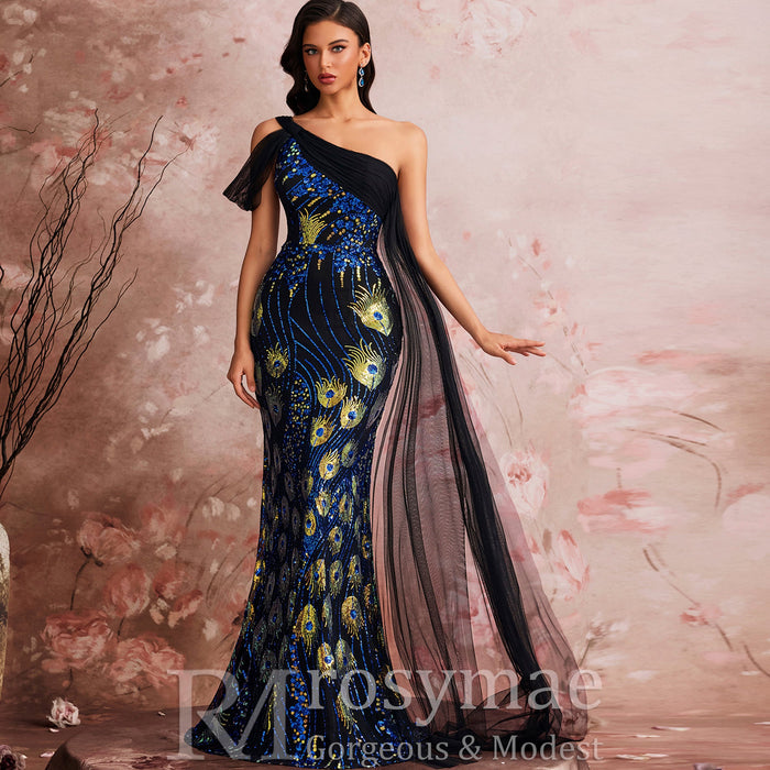 Classic One-shoulder Sequin Party Dress with Peacock Pattern design - Rosymae