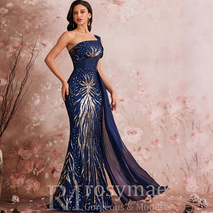 Classic One-shoulder Sequin Party Dress with Peacock Pattern design - Rosymae