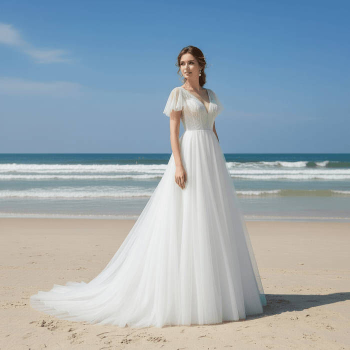 Classic Rustic Outdoor A-Line Wedding Dress with Flutter Sleeves - Rosymae