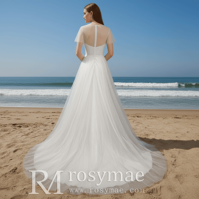 Classic Rustic Outdoor A-Line Wedding Dress with Flutter Sleeves - Rosymae