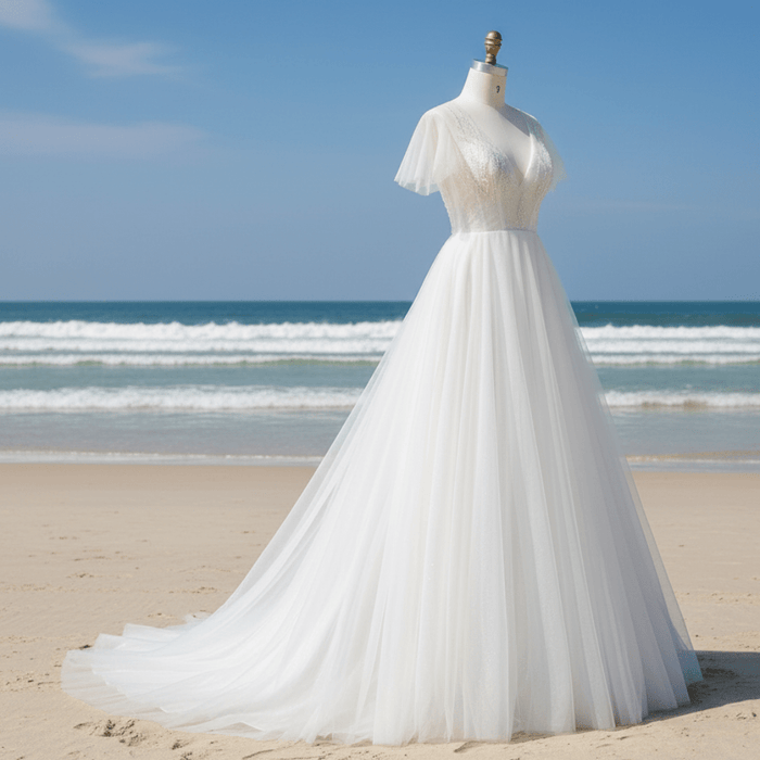 Classic Rustic Outdoor A-Line Wedding Dress with Flutter Sleeves - Rosymae