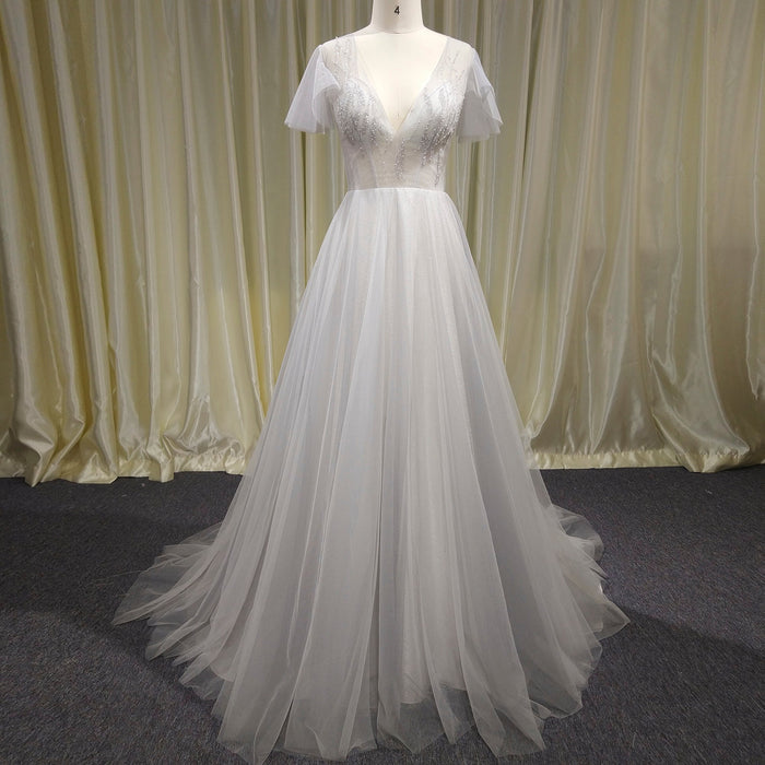 Classic Rustic Outdoor A-Line Wedding Dress with Flutter Sleeves - Rosymae