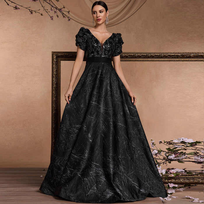 Classic Short Sleeve Black Prom Dresses Formal Gowns for Wedding - Rosymae