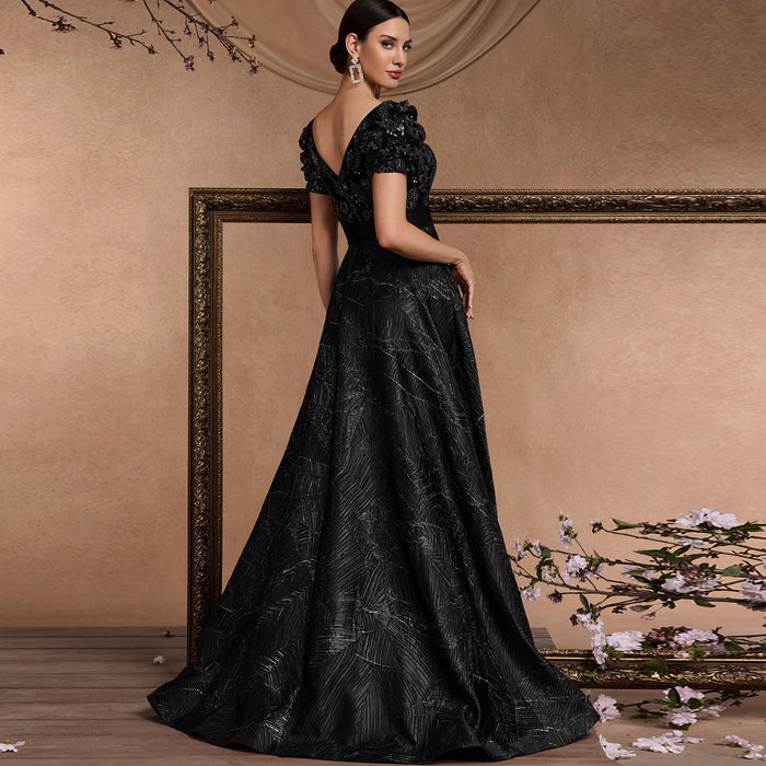 Classic Short Sleeve Black Prom Dresses Formal Gowns for Wedding - Rosymae