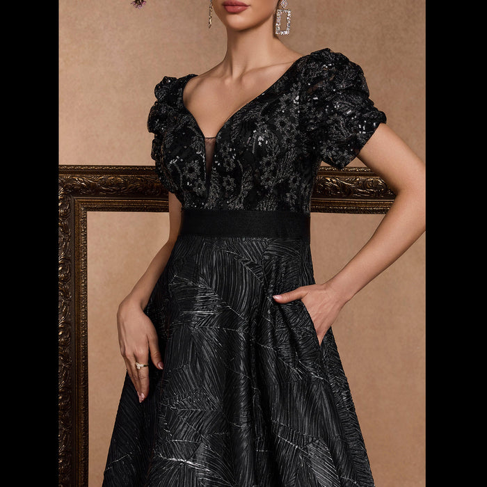 Classic Short Sleeve Black Prom Dresses Formal Gowns for Wedding - Rosymae