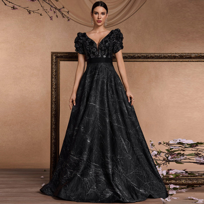 Classic Short Sleeve Black Prom Dresses Formal Gowns for Wedding - Rosymae