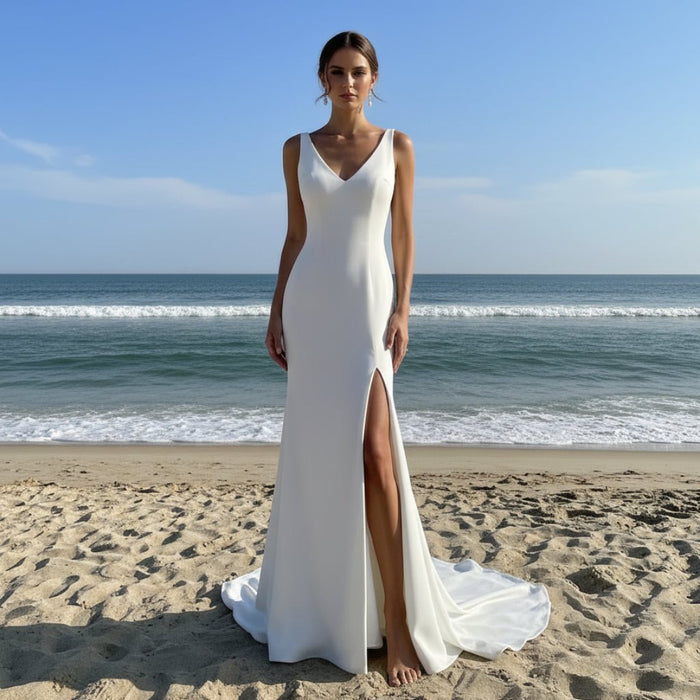 Classic Simple V-Neck Mermaid Wedding Dress with Leg Slit Elegant Bridal Gown - Rosymae