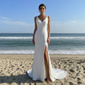 Classic Simple V-Neck Mermaid Wedding Dress with Leg Slit Elegant Bridal Gown - Rosymae