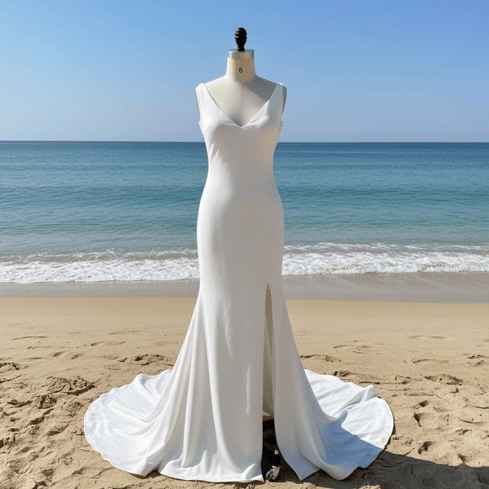 Classic Simple V-Neck Mermaid Wedding Dress with Leg Slit Elegant Bridal Gown - Rosymae