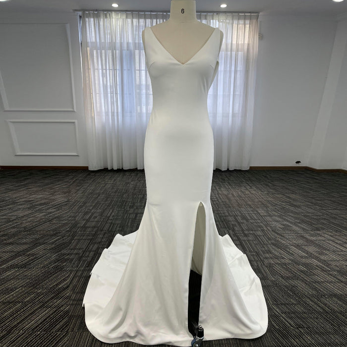 Classic Simple V-Neck Mermaid Wedding Dress with Leg Slit Elegant Bridal Gown - Rosymae