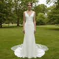 Classic Simple Vneck Fit and Flare Wedding Dress with Low Open Back - Rosymae