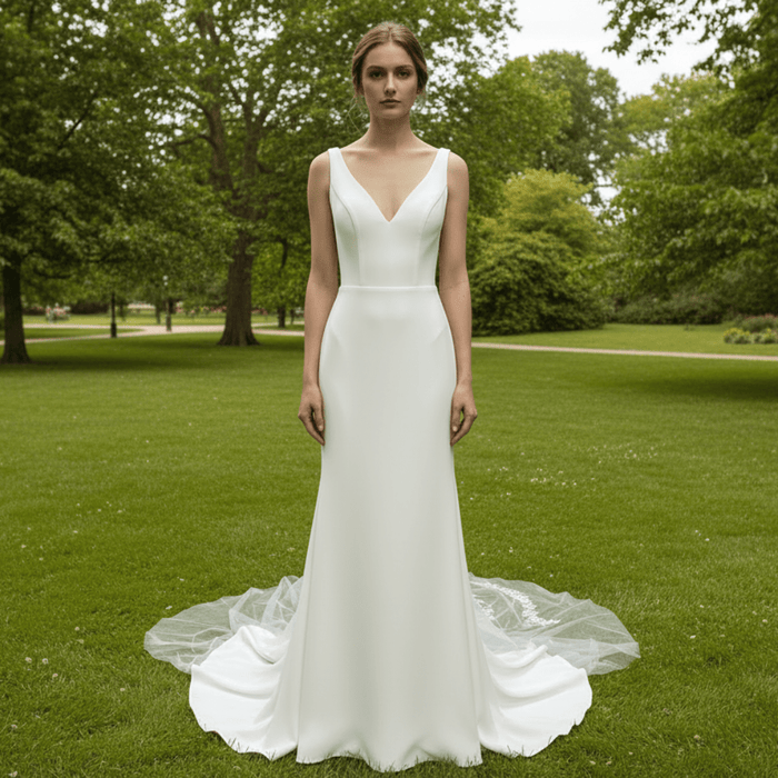 Classic Simple Vneck Fit and Flare Wedding Dress with Low Open Back - Rosymae