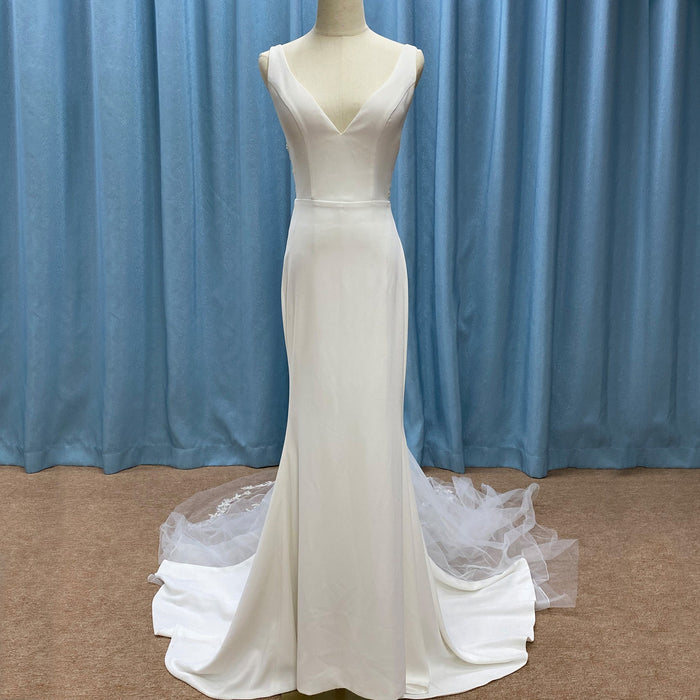Classic Simple Vneck Fit and Flare Wedding Dress with Low Open Back - Rosymae
