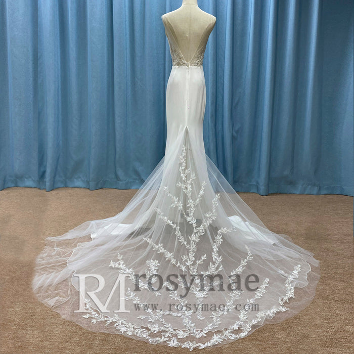 Classic Simple Vneck Fit and Flare Wedding Dress with Low Open Back - Rosymae