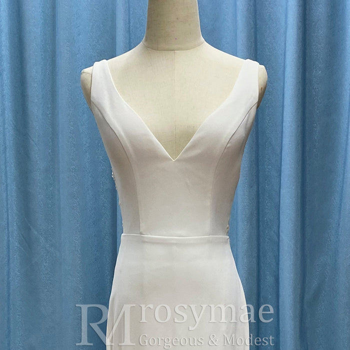 Classic Simple Vneck Fit and Flare Wedding Dress with Low Open Back - Rosymae