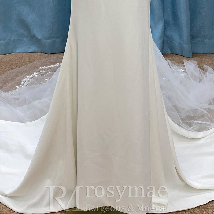 Classic Simple Vneck Fit and Flare Wedding Dress with Low Open Back - Rosymae