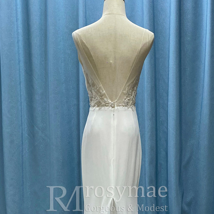 Classic Simple Vneck Fit and Flare Wedding Dress with Low Open Back - Rosymae