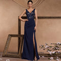 Classic Sparkly Vneck Royal blue Prom Dress with Leg Slit - Rosymae