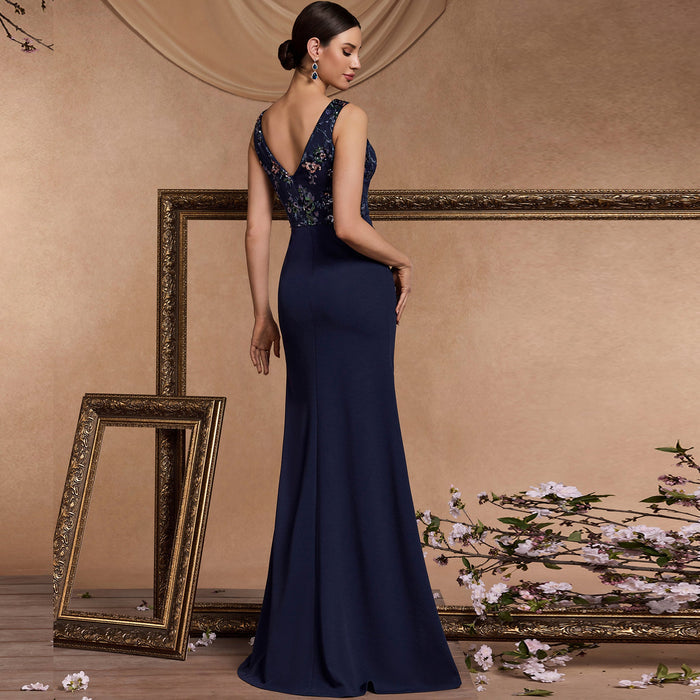 Classic Sparkly Vneck Royal blue Prom Dress with Leg Slit - Rosymae
