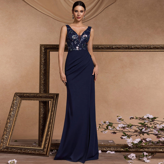 Classic Sparkly Vneck Royal blue Prom Dress with Leg Slit - Rosymae