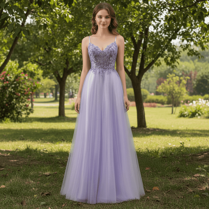 Classic Vneck Lilac Wedding Guest Dress with Spaghetti Straps - Rosymae