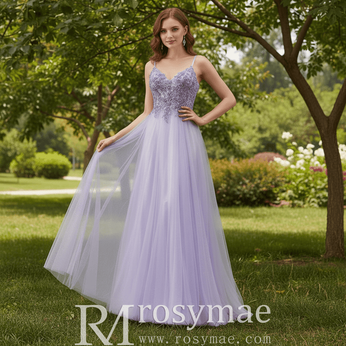Classic Vneck Lilac Wedding Guest Dress with Spaghetti Straps - Rosymae