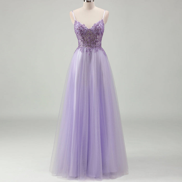 Classic Vneck Lilac Wedding Guest Dress with Spaghetti Straps - Rosymae