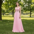 Classic Vneck Pink Tulle A Line Long Prom Dress with Spaghetti Straps - Rosymae