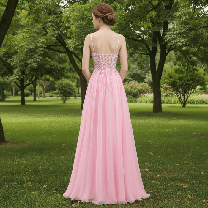Classic Vneck Pink Tulle A Line Long Prom Dress with Spaghetti Straps - Rosymae